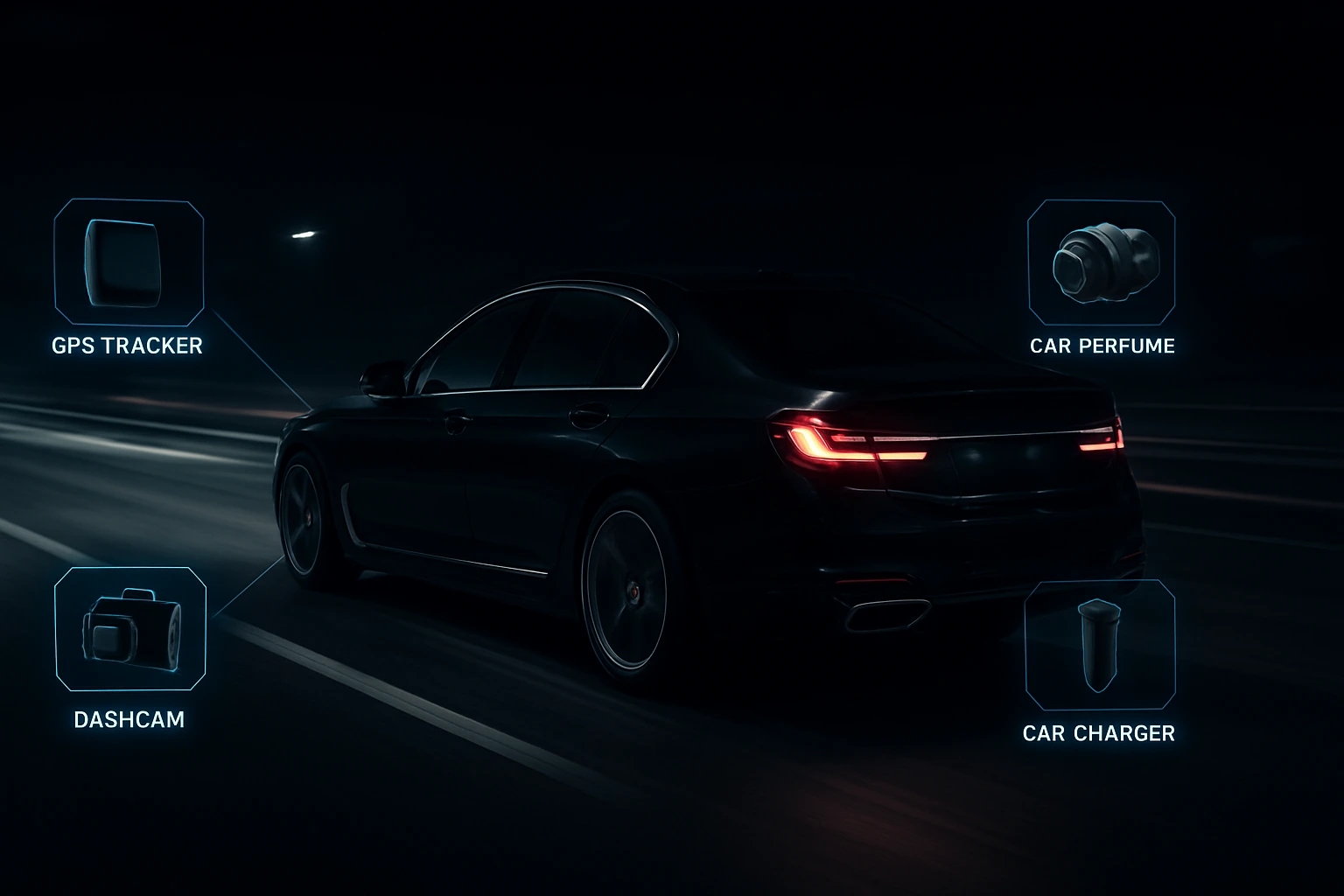 Premium car on highway with SparkEdge devices showcased via holographic callouts